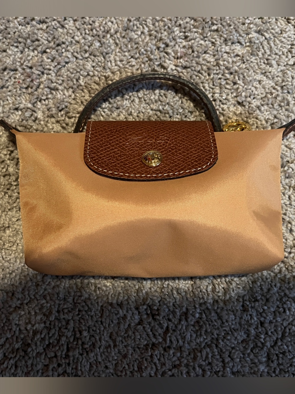Longchamp Beige Nylon Mini Top-Handle Bag with Brown Leather Flap